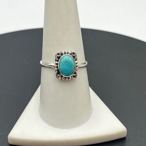 Vintage Sterling Silver Turquoise Ring Size 8.75-9 Ornate Scrollwork Setting